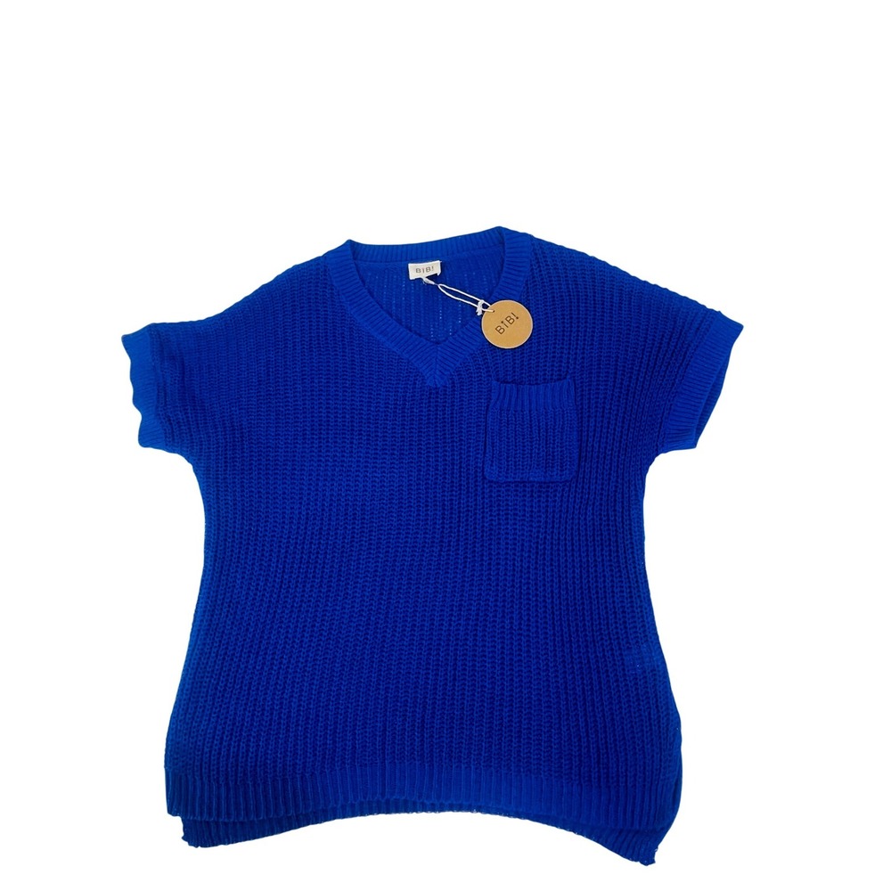 NWT BIBI Summer Lightweight Sweater Womens L Longer Length Blue Open Knit Pocket